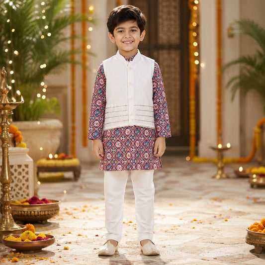 Woven Full Sleeves  Digital Printed Kurta and Pyjama Set with Jacket - Navy Blue