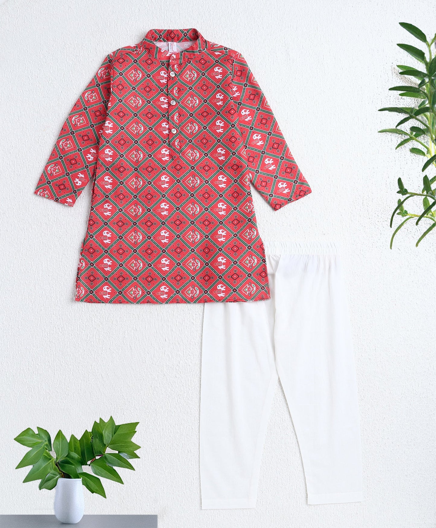 Woven Full Sleeves  Digital Printed Kurta and Pyjama Set - Red
