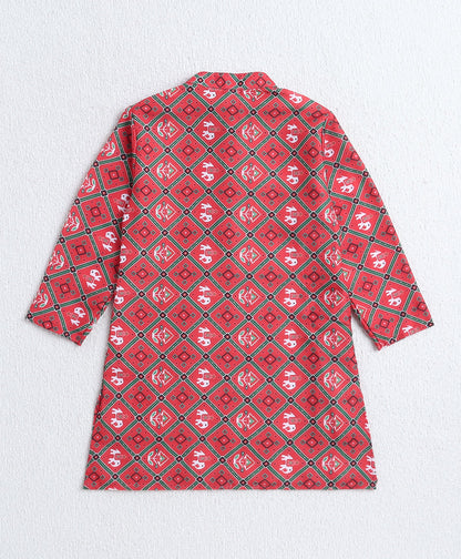 Woven Full Sleeves  Digital Printed Kurta and Pyjama Set - Red