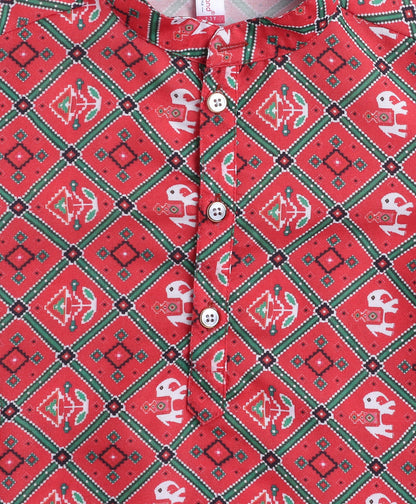 Woven Full Sleeves  Digital Printed Kurta and Pyjama Set - Red