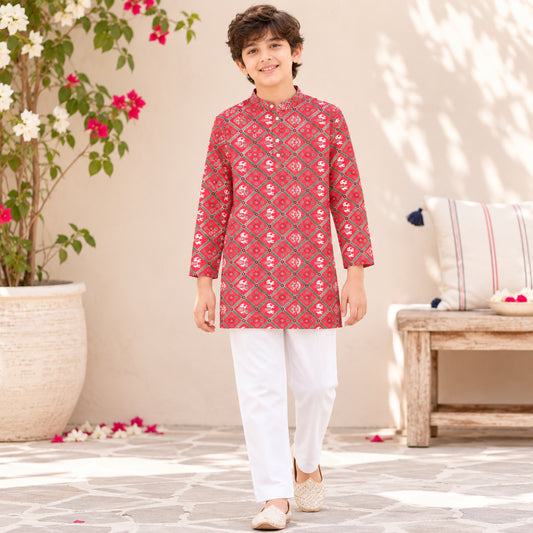 Woven Full Sleeves  Digital Printed Kurta and Pyjama Set - Red