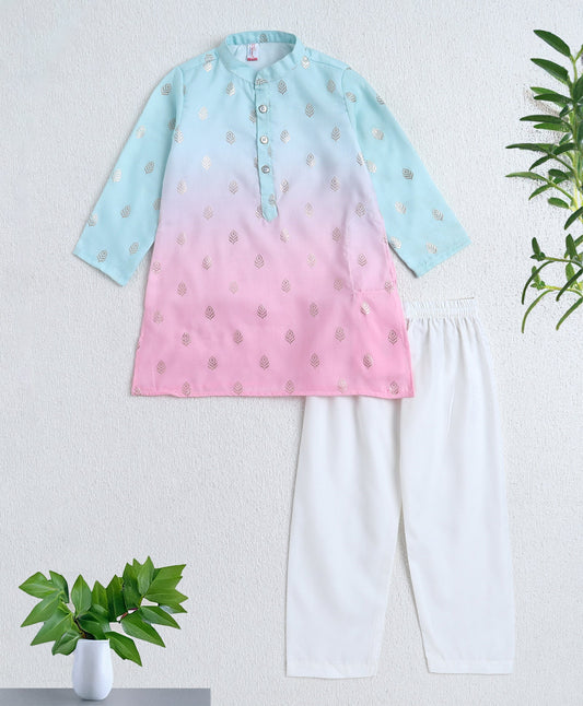 Woven Full Sleeves Foil Printed Kurta and Pyjama Set- Blue