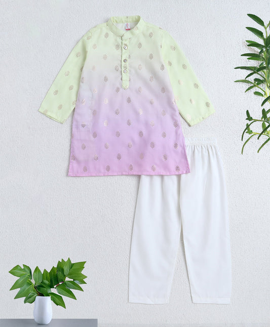 Woven Full Sleeves Foil Printed Kurta and Pyjama Set- Yellow