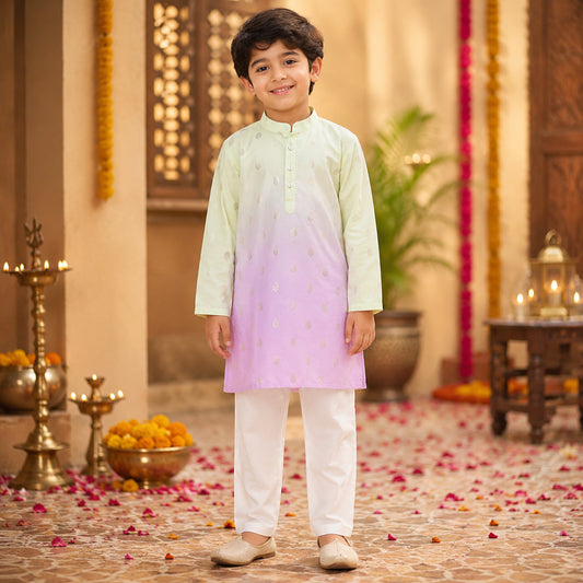 Woven Full Sleeves Foil Printed Kurta and Pyjama Set - Yellow