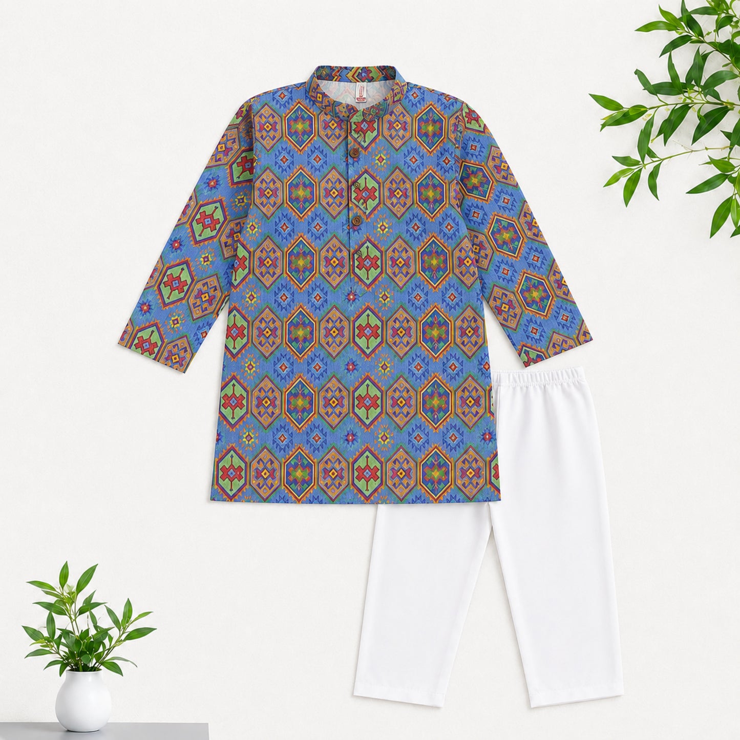 The Magic Wand Woven Full Sleeves Geometric Ethnic Printed Kurta And Pyjama Set - Blue