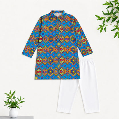 The Magic Wand Woven Full Sleeves Geometric Ethnic Printed Kurta And Pyjama Set - Blue