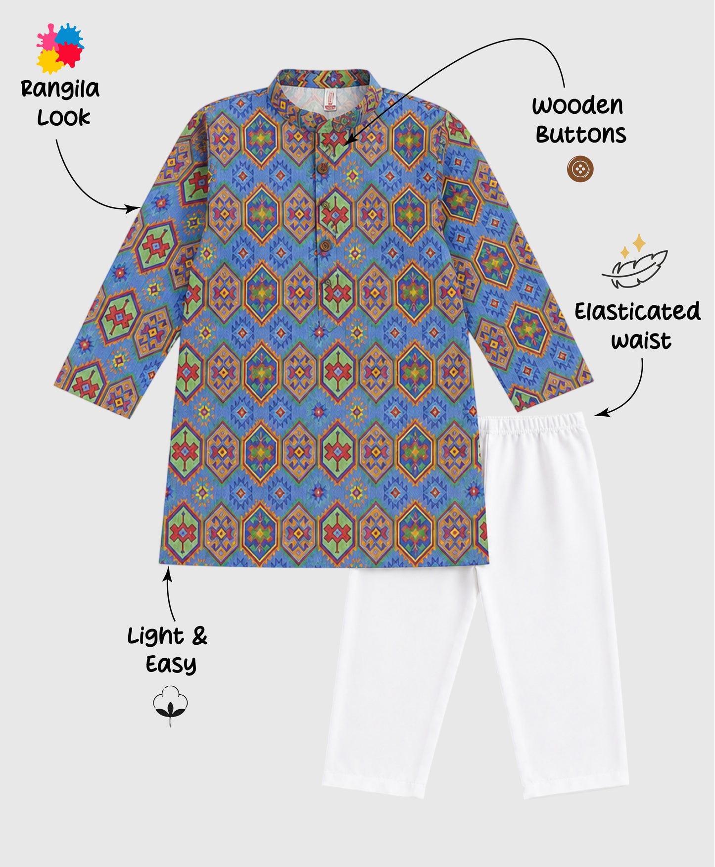 The Magic Wand Woven Full Sleeves Geometric Ethnic Printed Kurta And Pyjama Set - Blue