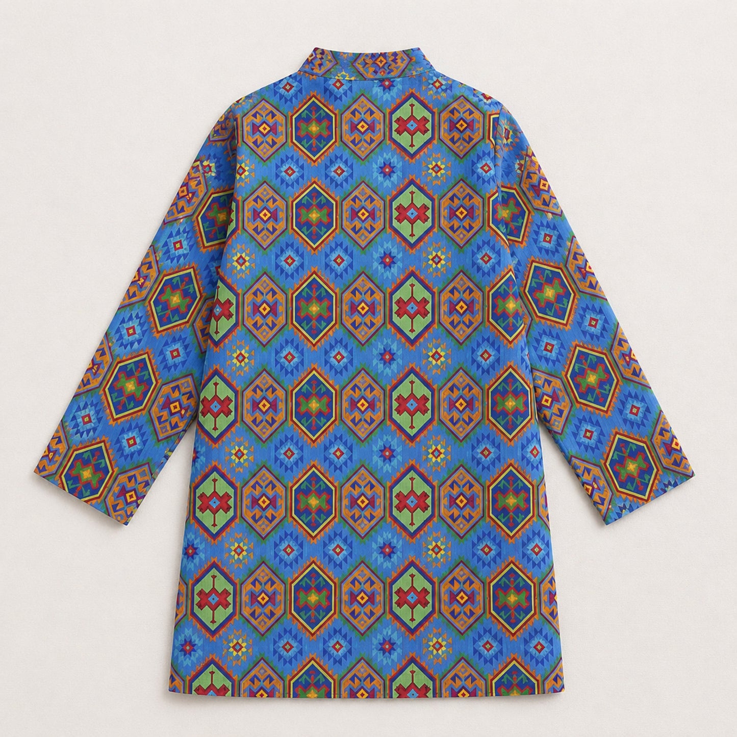 The Magic Wand Woven Full Sleeves Geometric Ethnic Printed Kurta And Pyjama Set - Blue