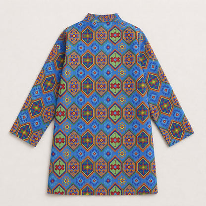 The Magic Wand Woven Full Sleeves Geometric Ethnic Printed Kurta And Pyjama Set - Blue