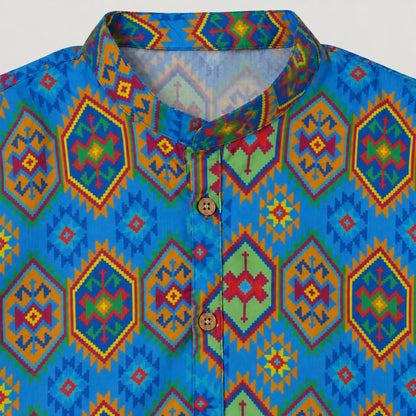 The Magic Wand Woven Full Sleeves Geometric Ethnic Printed Kurta And Pyjama Set - Blue