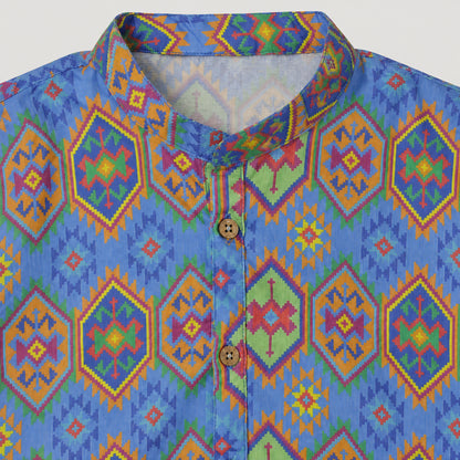 The Magic Wand Woven Full Sleeves Geometric Ethnic Printed Kurta And Pyjama Set - Blue