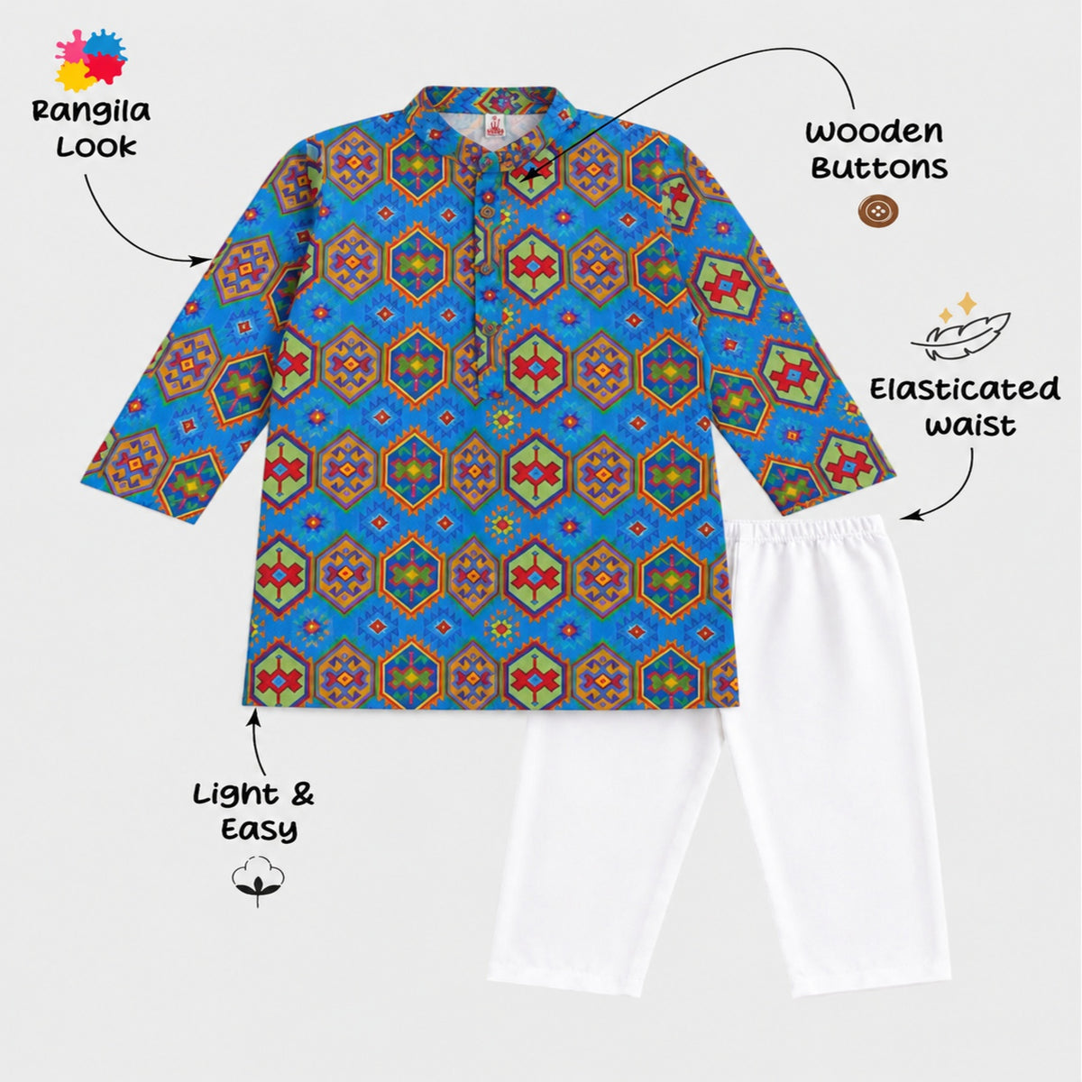 The Magic Wand Woven Full Sleeves Geometric Ethnic Printed Kurta And Pyjama Set - Blue
