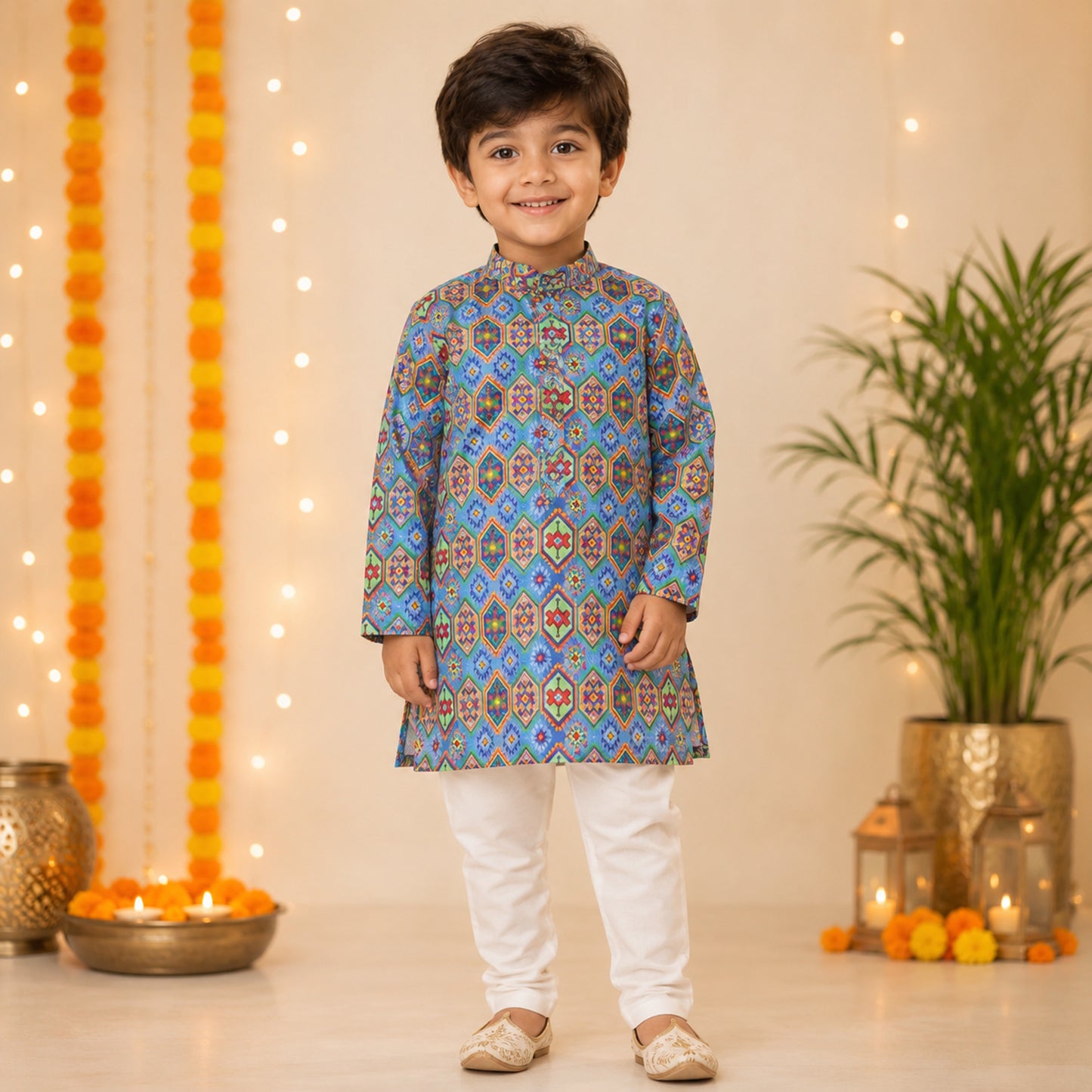 The Magic Wand Woven Full Sleeves Geometric Ethnic Printed Kurta And Pyjama Set - Blue