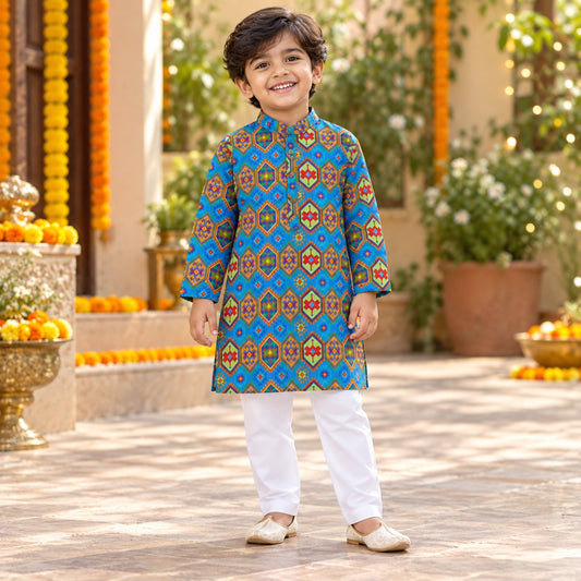 The Magic Wand Woven Full Sleeves Geometric Ethnic Printed Kurta And Pyjama Set - Blue