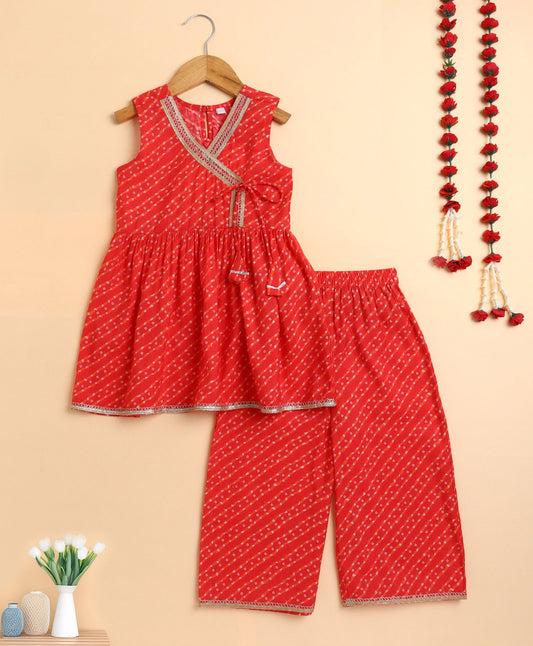The Magic Wand Cambric Cotton Sleeveless Leheriya Printed Kurta and Plazzo Set - Red