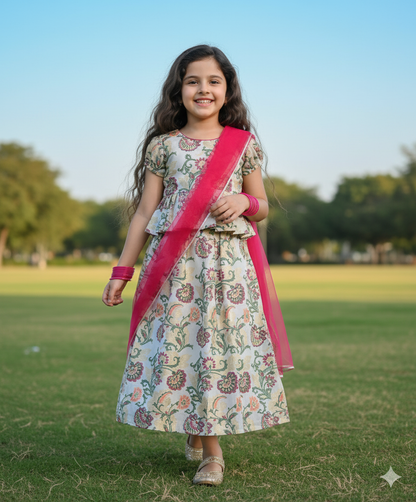 Foil Printed Floral Chanderi Woven Lehenga Choli with Dupatta- Off White