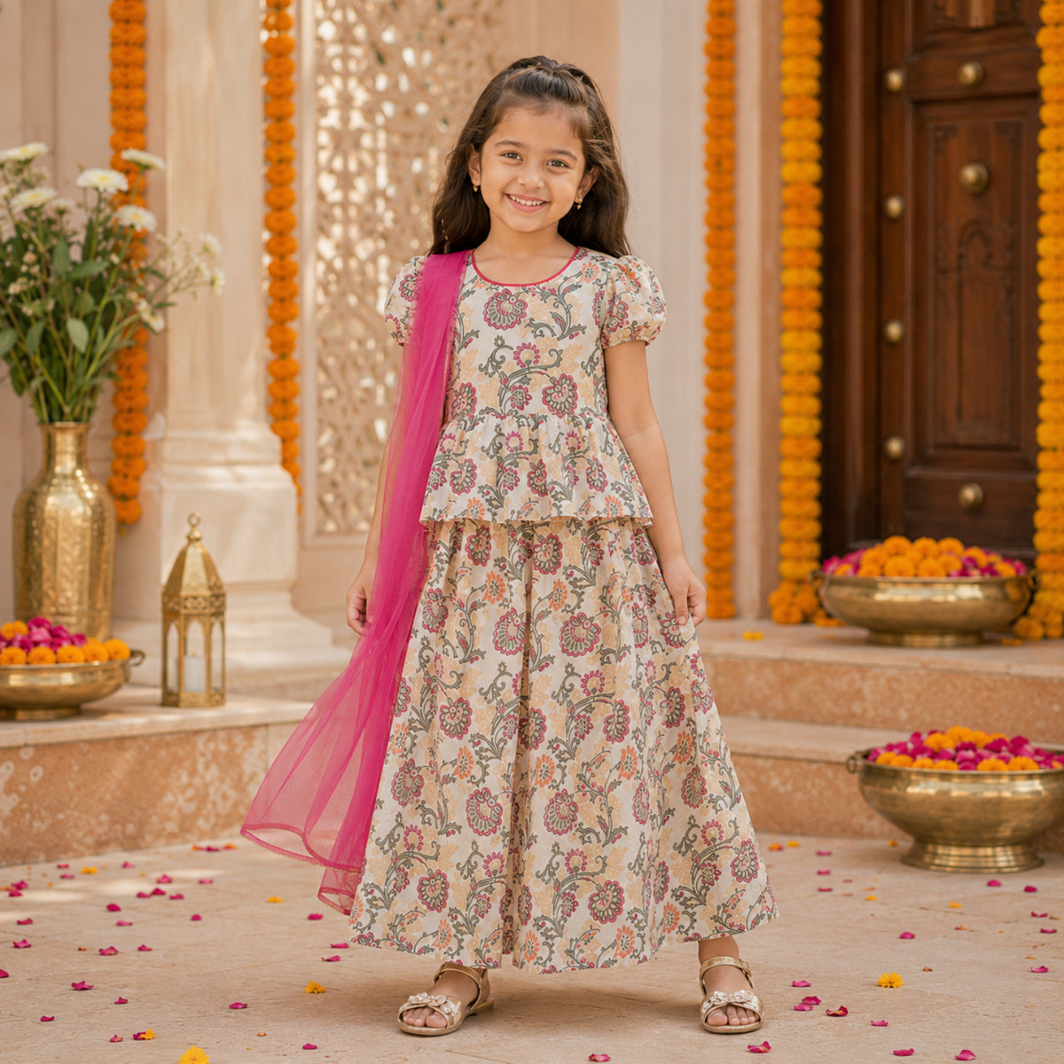 Foil Printed Floral Chanderi Woven Lehenga Choli with Dupatta- Off White