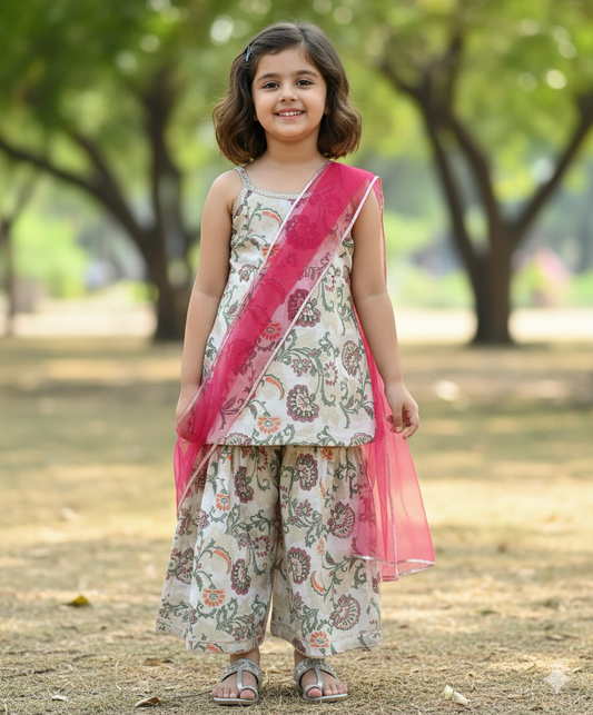 Foil Printed Woven  Kurta and Sharara with Dupatta- Off White