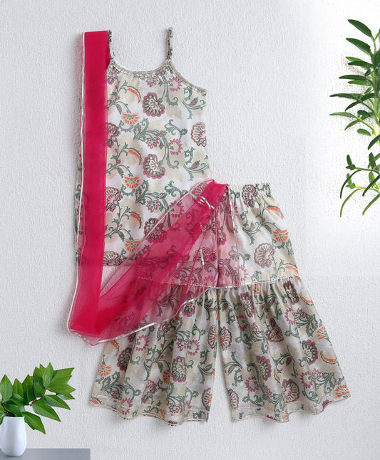 The Magic Wand Woven Strappy Floral Multi Color Foil Printed Kurta and Sharara with Dupatta- Off White
