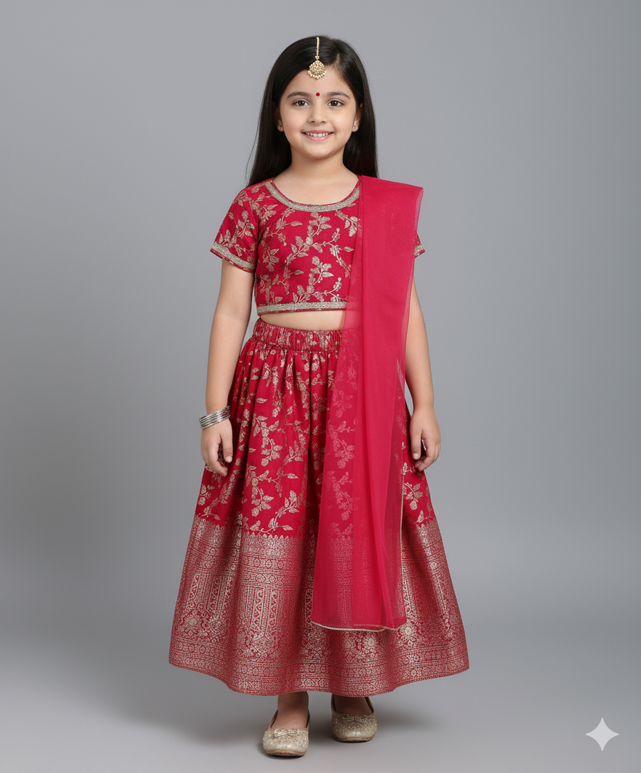 Embellished Jacquard Woven  Choli and Lehenga Set with Dupatta - Fuchsia
