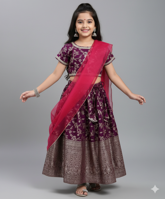 Embellished Jacquard Woven Choli and Lehenga Set with Dupatta - Purple