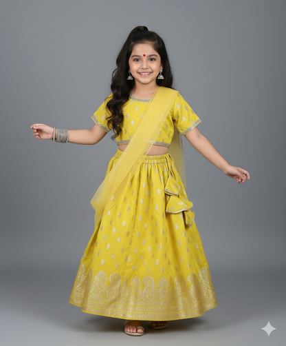 Embellished Jacquard Woven Choli and Lehenga Set with Dupatta - Yellow