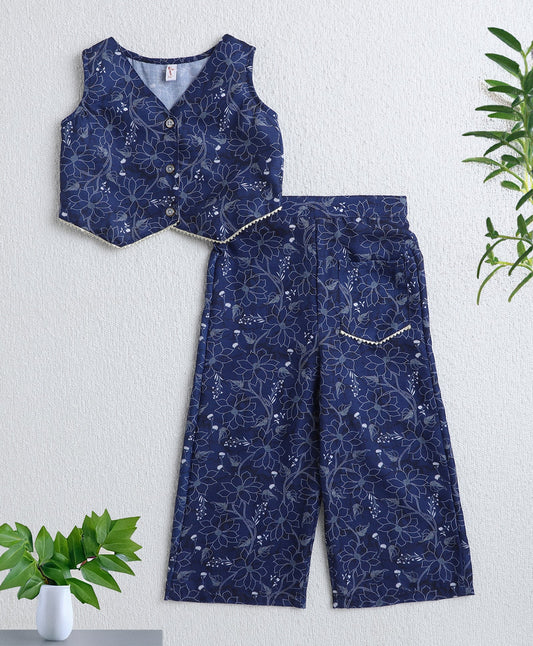 The Magic Wand Woven Sleeveless Digital Floral Printed Top with Patch Pocket Pant Set- Navy Blue