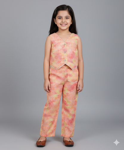 Woven Sleeveless Digital Printed Top with Patch Pocket Pant Set- Peach