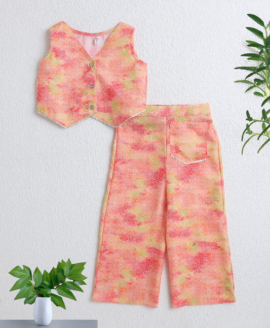 The Magic Wand Woven Sleeveless Digital Printed Top with Patch Pocket Pant Set- Peach