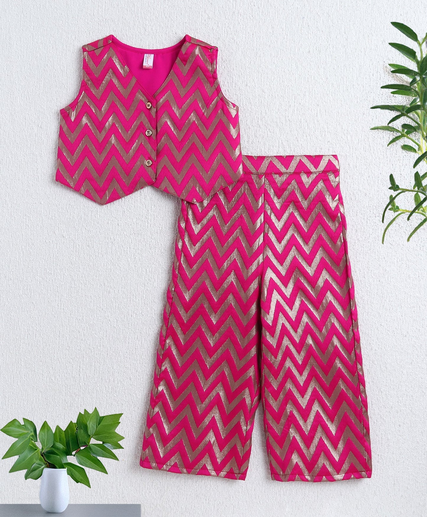 Woven Sleeveless Zig Zag Printed Top and Plazzo Set- Fuchsia