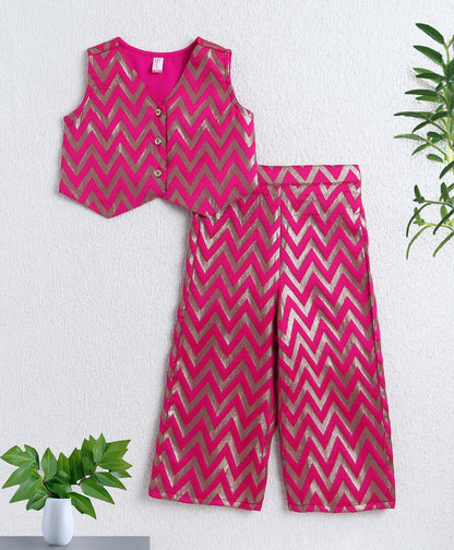 Woven Sleeveless Zig Zag Printed Top and Plazzo Set- Fuchsia