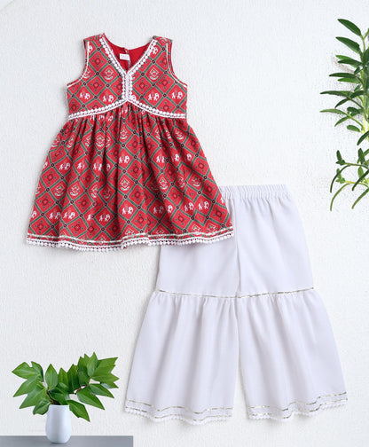 Woven Sleeveless Digital Printed Kurti and Sharara Set- Red