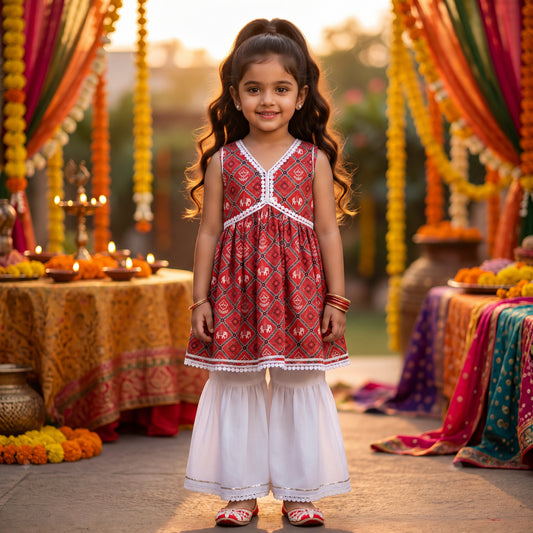 Woven Sleeveless Digital Printed Kurti and Sharara Set- Red