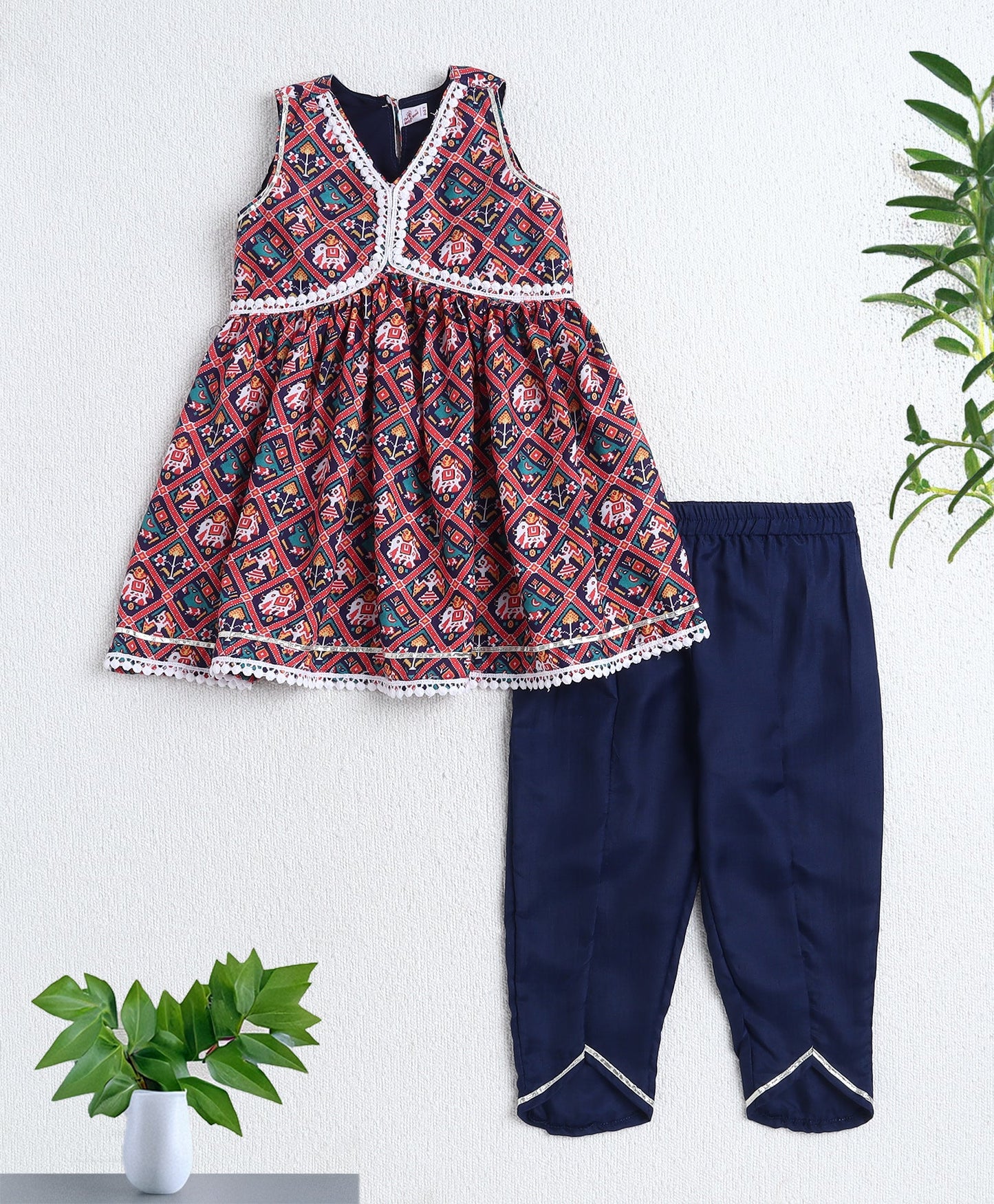 Woven Sleeveless Digital Printed Kurti and Sharara Set- Navy Blue