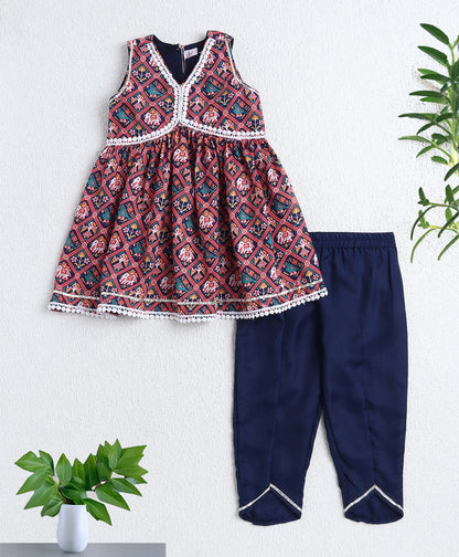 Woven Sleeveless Digital Printed Kurti and Sharara Set- Navy Blue