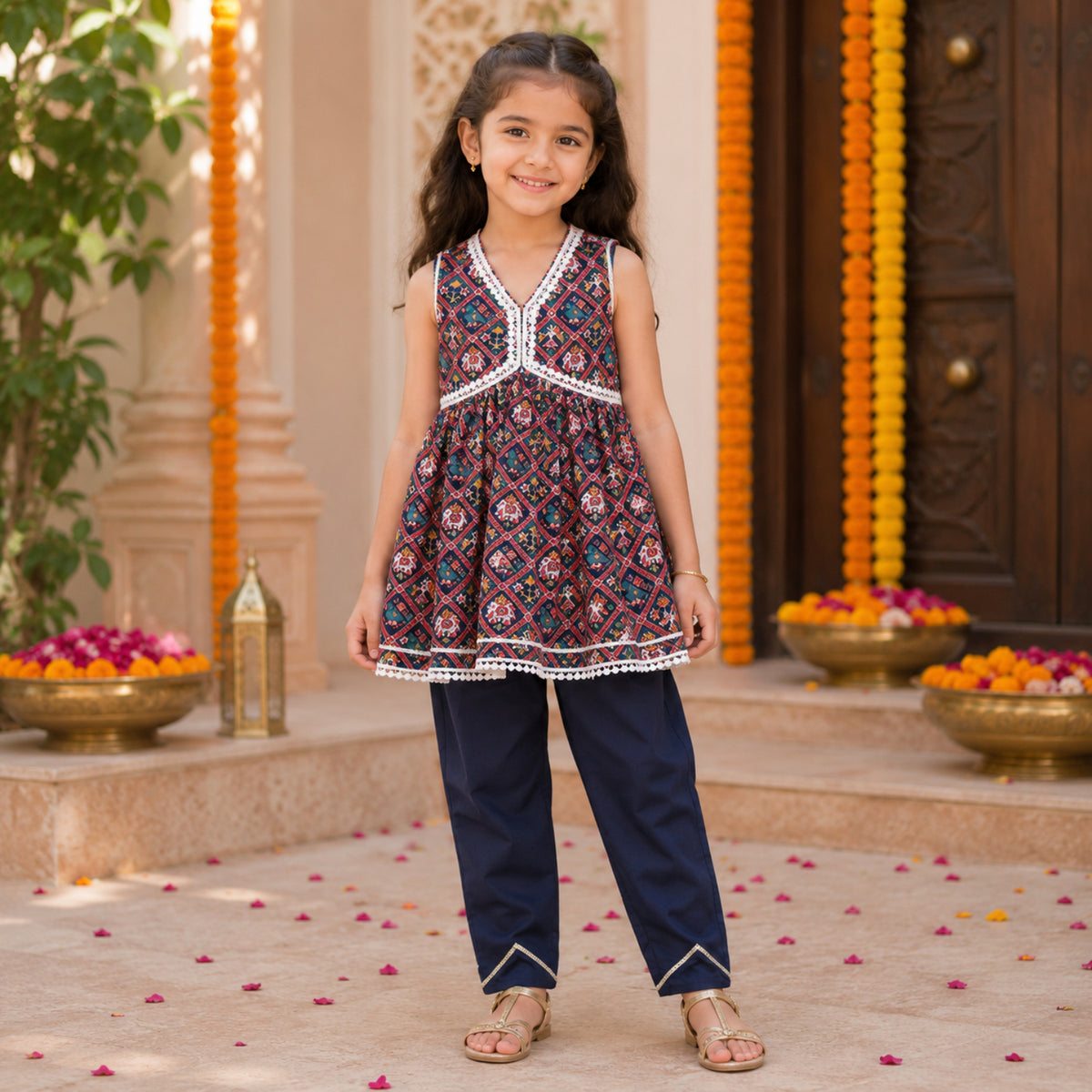 Woven Sleeveless Digital Printed Kurti and Pant Set- Navy Blue