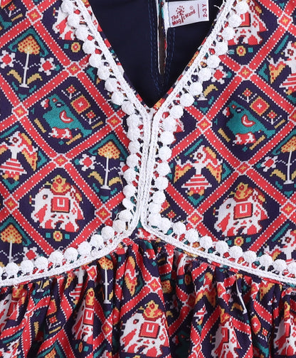 Woven Sleeveless Digital Printed Kurti and Sharara Set- Navy Blue