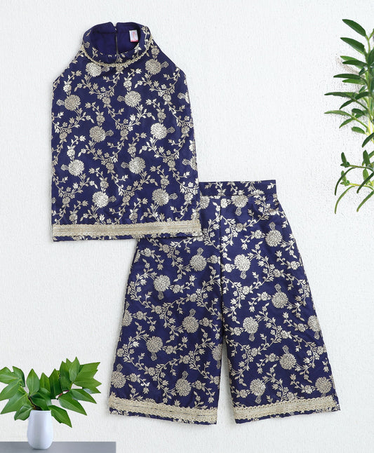 Jacquard Woven Floral Printed & Gota Lace Embellished Incut Kurta and Palazzo Set-Navy Blue