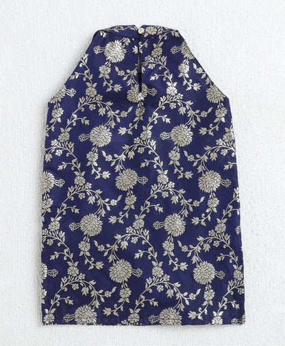 Jacquard Woven Floral Printed & Gota Lace Embellished Incut Kurta and Palazzo Set-Navy Blue