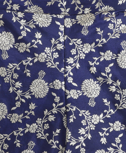 Jacquard Woven Floral Printed & Gota Lace Embellished Incut Kurta and Palazzo Set-Navy Blue