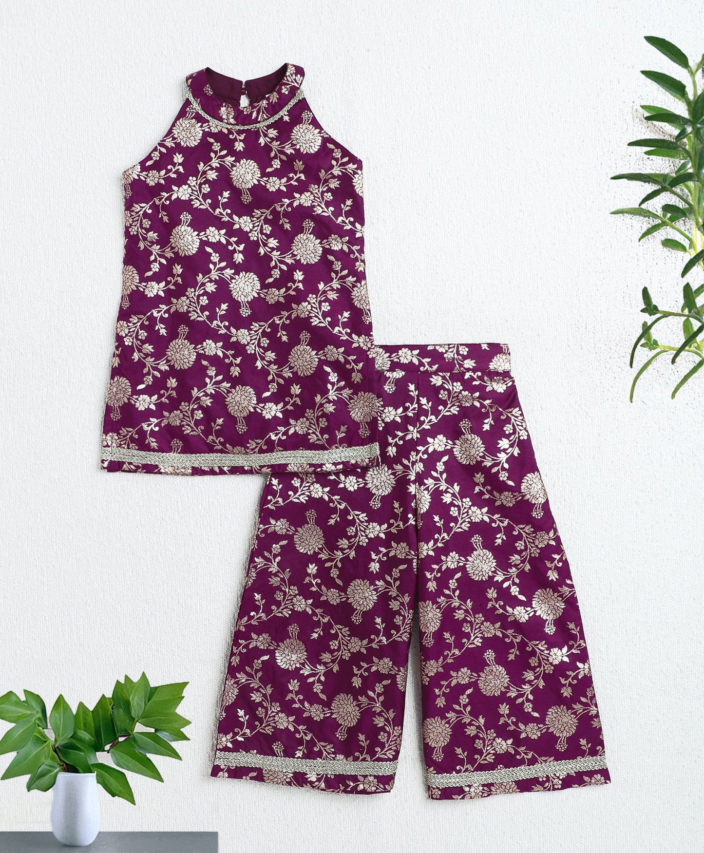 Jacquard Woven Floral Printed & Gota Lace Embellished Incut Kurta and Palazzo Set-Wine