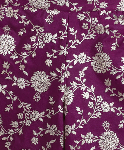 Jacquard Woven Floral Printed & Gota Lace Embellished Incut Kurta and Palazzo Set-Wine