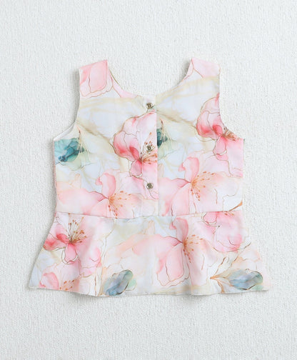 Woven Sleeveless Floral Printed Top and Co-Ordinating Pant Set- Peach