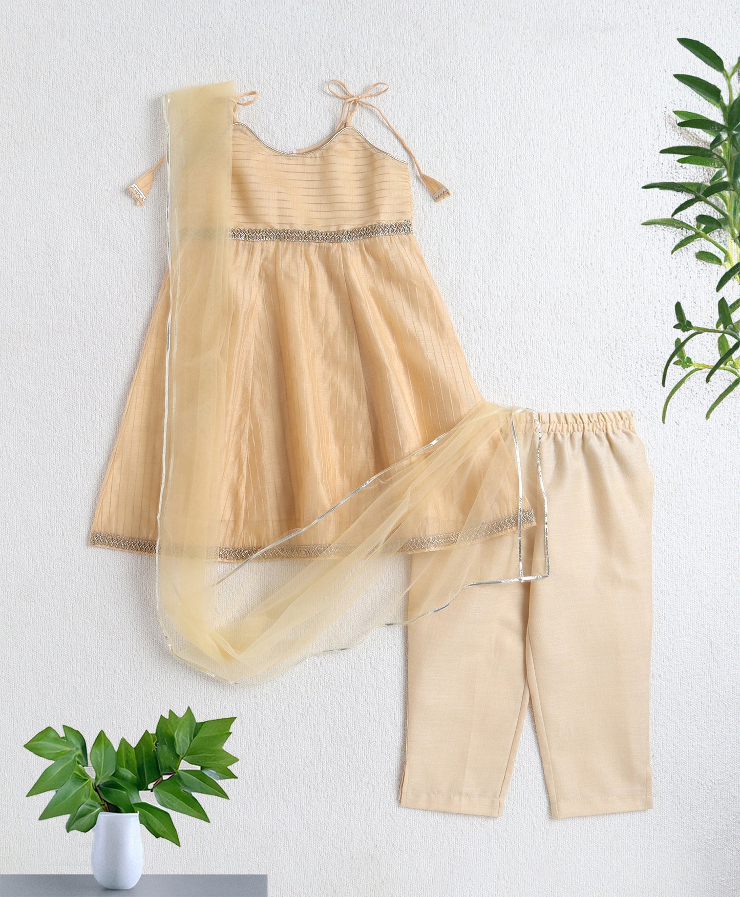 The Magic Wand Woven Shoulder Tie Up Laced Stripe Kurti And Pant Set With Dupatta - Beige