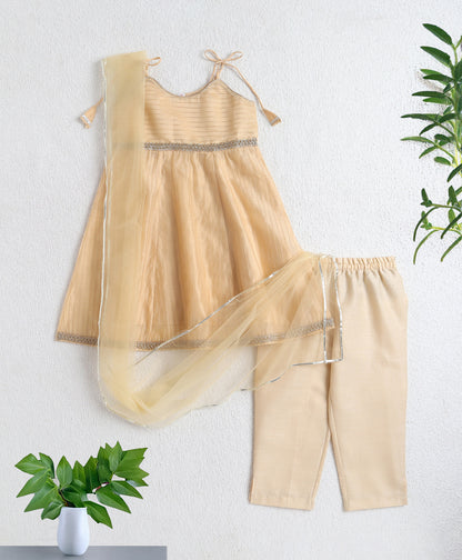 The Magic Wand Woven Shoulder Tie Up Laced Stripe Kurti And Pant Set With Dupatta - Beige