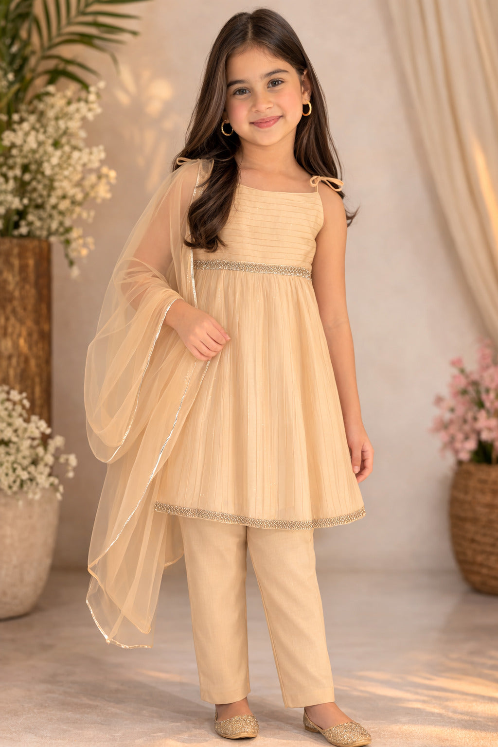 The Magic Wand Woven Shoulder Tie Up Laced Stripe Kurti And Pant Set With Dupatta - Beige