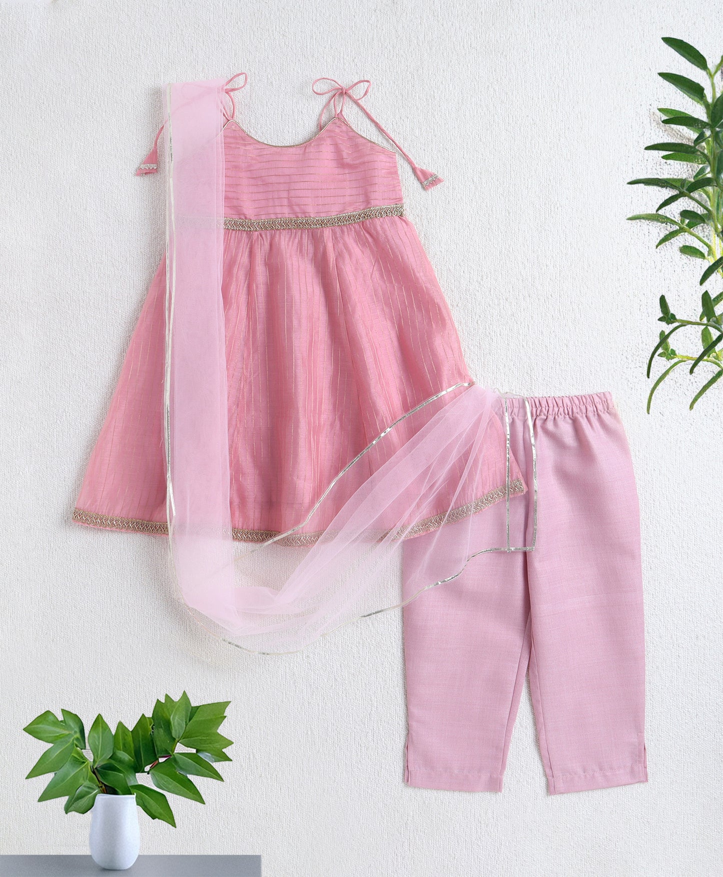 The Magic Wand Woven Shoulder Tie-Up Laced Stripe Kurti And Pant Set With Dupatta - Pink