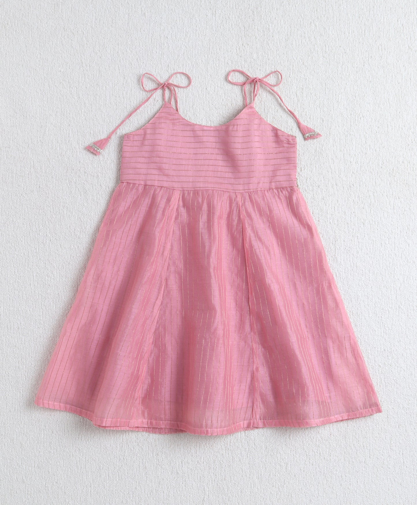 The Magic Wand Woven Shoulder Tie-Up Laced Stripe Kurti And Pant Set With Dupatta - Pink
