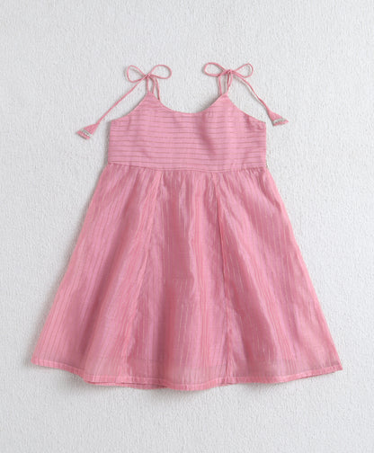 The Magic Wand Woven Shoulder Tie-Up Laced Stripe Kurti And Pant Set With Dupatta - Pink