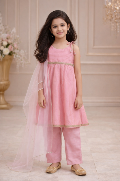 The Magic Wand Woven Shoulder Tie-Up Laced Stripe Kurti And Pant Set With Dupatta - Pink